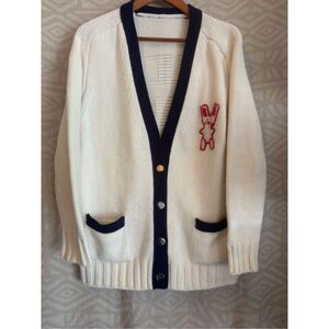 Vintage Style Cream Cardigan with Navy Trim‎ and Rabbit Applique